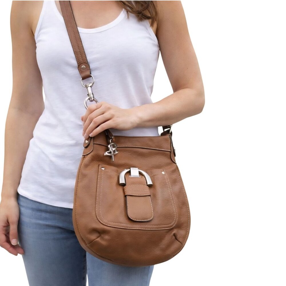 Vintage B Makowsky Hobo Saddle Messenger Bag Brown Leather Crossbody Logo 10"X10
